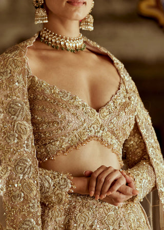 Champagne Gold Net Lehenga Choli Set by Nitika Gujral available on Indiaspopup.com