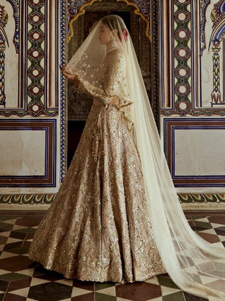 Champagne Gold Net Lehenga Choli Set by Nitika Gujral available on Indiaspopup.com