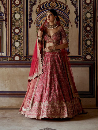 Red Raw Silk Lehenga Set by Nitika Gujral available on Indiaspopup.com
