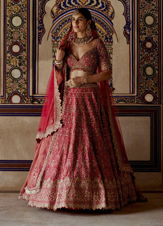 Red Raw Silk Lehenga Set by Nitika Gujral available on Indiaspopup.com