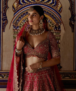 Red Raw Silk Lehenga Set by Nitika Gujral available on Indiaspopup.com