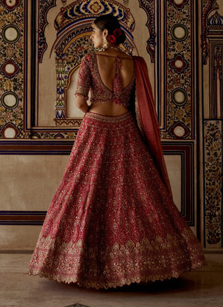 Red Raw Silk Lehenga Set by Nitika Gujral available on Indiaspopup.com