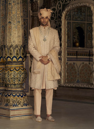 Peach Mirror Work Sherwani Set by Nitika Gujral Men available on Indiaspopup.com
