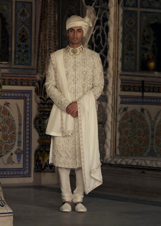 Ivory And Beige Resham Sherwani Set by Nitika Gujral Men available on Indiaspopup.com