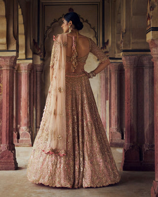Peach Tulle Lehenga Choli Set by Nitika Gujral available on Indiaspopup.com