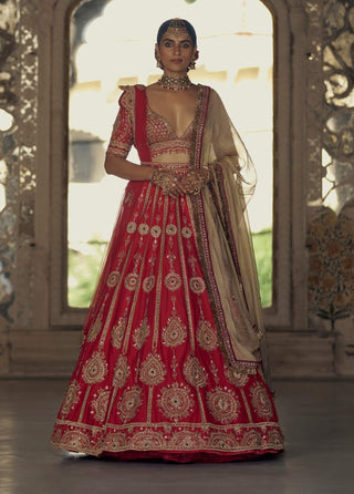 Red Gold Dori Embroidered Lehenga Set by Nitika Gujral available on Indiaspopup.com