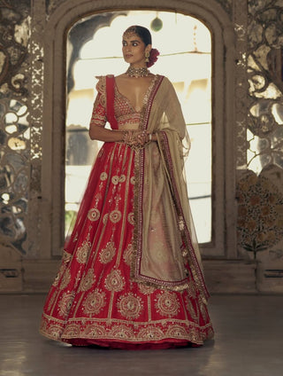 Red Gold Dori Embroidered Lehenga Set by Nitika Gujral available on Indiaspopup.com
