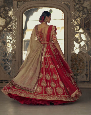 Red Gold Dori Embroidered Lehenga Set by Nitika Gujral available on Indiaspopup.com