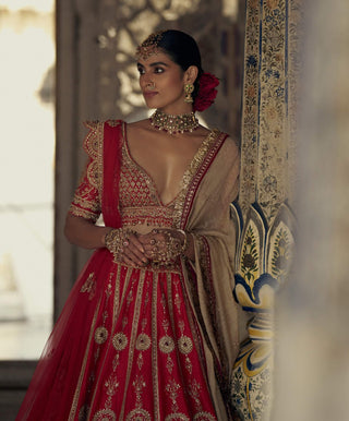 Red Gold Dori Embroidered Lehenga Set by Nitika Gujral available on Indiaspopup.com
