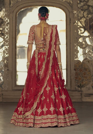 Red Gold Dori Embroidered Lehenga Set by Nitika Gujral available on Indiaspopup.com