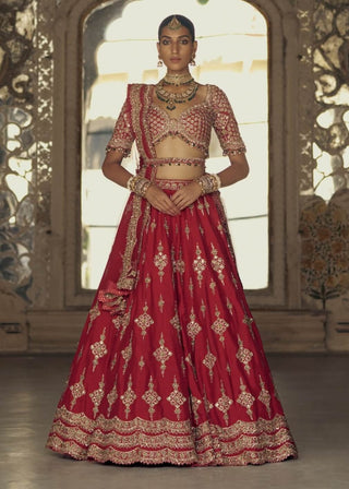 Deep Red Raw Silk Lehenga Choli Set by Nitika Gujral available on Indiaspopup.com
