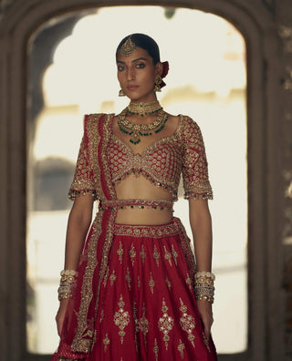 Deep Red Raw Silk Lehenga Choli Set by Nitika Gujral available on Indiaspopup.com