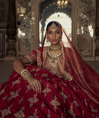 Deep Red Raw Silk Lehenga Choli Set by Nitika Gujral available on Indiaspopup.com