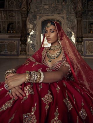 Deep Red Raw Silk Lehenga Choli Set by Nitika Gujral available on Indiaspopup.com
