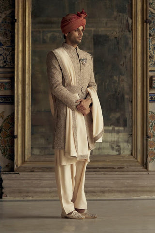 Mocca Raw Silk Sherwani Set by Nitika Gujral Men available on Indiaspopup.com