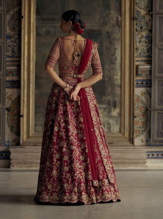 Deep Red Bridal Silk Lehenga Set by Nitika Gujral available on Indiaspopup.com
