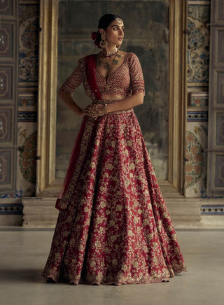 Deep Red Bridal Silk Lehenga Set by Nitika Gujral available on Indiaspopup.com