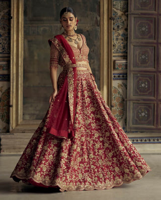 Deep Red Bridal Silk Lehenga Set by Nitika Gujral available on Indiaspopup.com