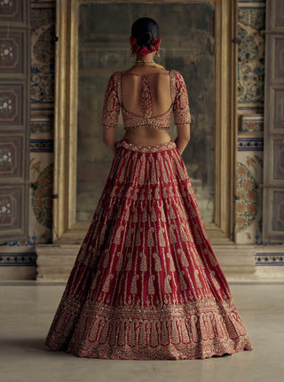 Deep Red Bridal Silk Lehenga Set by Nitika Gujral available on Indiaspopup.com
