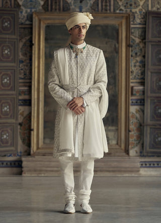 Ivory Tonal Dori Sherwani Set by Nitika Gujral Men available on Indiaspopup.com