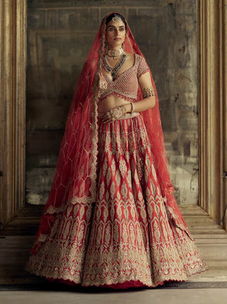 Red Applique Dori Lehenga Set by Nitika Gujral available on Indiaspopup.com