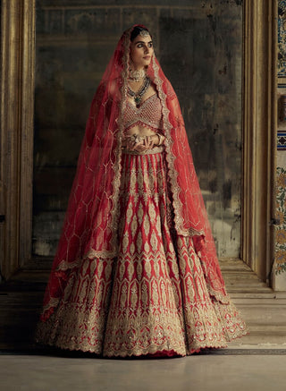 Red Applique Dori Lehenga Set by Nitika Gujral available on Indiaspopup.com