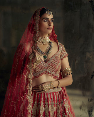 Red Applique Dori Lehenga Set by Nitika Gujral available on Indiaspopup.com