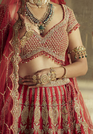 Red Applique Dori Lehenga Set by Nitika Gujral available on Indiaspopup.com