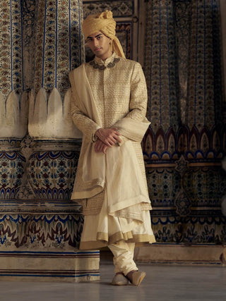 Gold Benarsi Brocade Sherwani Set by Nitika Gujral Men available on Indiaspopup.com