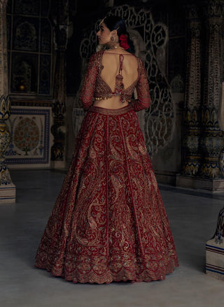 Red Antique Kasab Lehenga Set by Nitika Gujral available on Indiaspopup.com