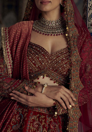 Red Antique Kasab Lehenga Set by Nitika Gujral available on Indiaspopup.com