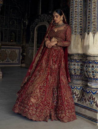 Red Antique Kasab Lehenga Set by Nitika Gujral available on Indiaspopup.com