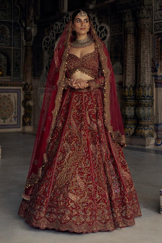 Red Antique Kasab Lehenga Set by Nitika Gujral available on Indiaspopup.com
