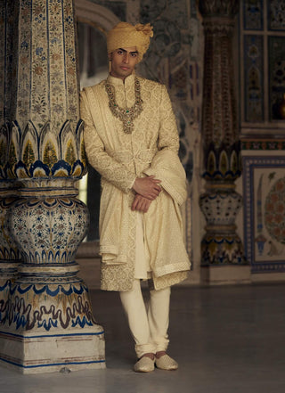 Gold Tonal Resham Sherwani Set by Nitika Gujral Men available on Indiaspopup.com