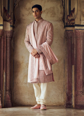 Dusty Rose Pink Sherwani Set by Nitika Gujral Men available on Indiaspopup.com