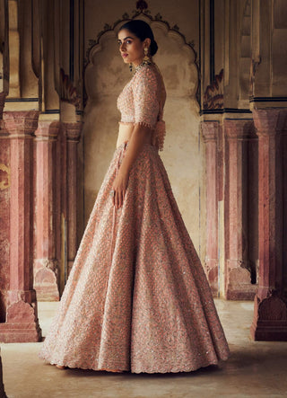 Peach Tafetta Silk Lehenga Choli Set by Nitika Gujral available on Indiaspopup.com