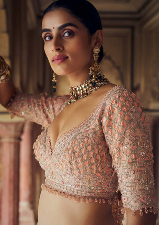 Peach Tafetta Silk Lehenga Choli Set by Nitika Gujral available on Indiaspopup.com