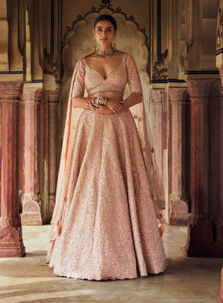 Peach Tafetta Silk Lehenga Choli Set by Nitika Gujral available on Indiaspopup.com