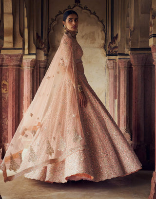Peach Tafetta Silk Lehenga Choli Set by Nitika Gujral available on Indiaspopup.com
