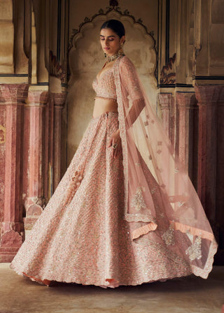 Peach Tafetta Silk Lehenga Choli Set by Nitika Gujral available on Indiaspopup.com