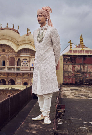 Nude Raw Silk Sherwani Set by Nitika Gujral Men available on Indiaspopup.com