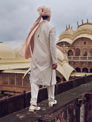Nude Raw Silk Sherwani Set by Nitika Gujral Men available on Indiaspopup.com