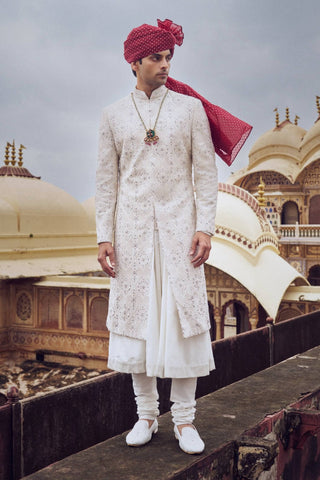 Ivory Resham Embroidery Sherwani Set by Nitika Gujral Men available on Indiaspopup.com