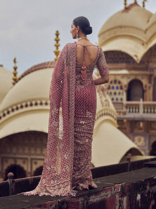 Maroon Bridal Embroidered Sari Set by Nitika Gujral available on Indiaspopup.com