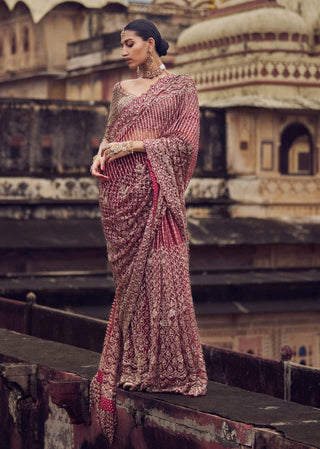 Maroon Bridal Embroidered Sari Set by Nitika Gujral available on Indiaspopup.com