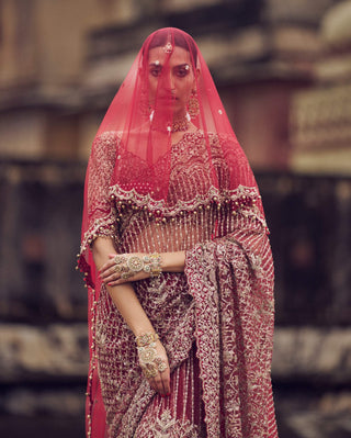 Maroon Bridal Embroidered Sari Set by Nitika Gujral available on Indiaspopup.com