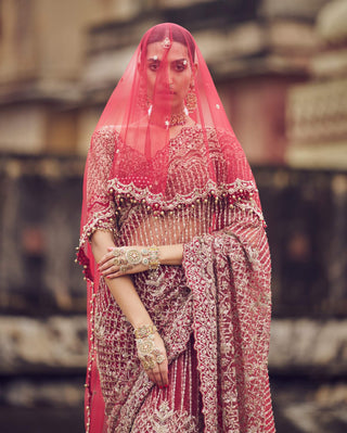 Maroon Bridal Embroidered Sari Set by Nitika Gujral available on Indiaspopup.com