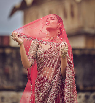 Maroon Bridal Embroidered Sari Set by Nitika Gujral available on Indiaspopup.com