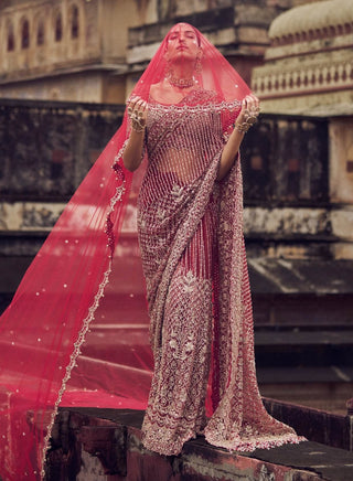 Maroon Bridal Embroidered Sari Set by Nitika Gujral available on Indiaspopup.com