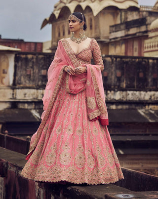 Rose Pink Raw Silk Lehenga Set by Nitika Gujral available on Indiaspopup.com